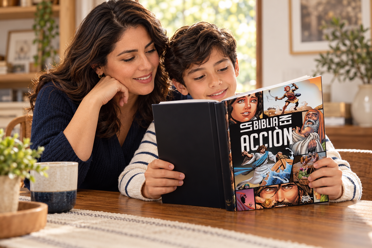 Escena editorial de una madre y su hijo compartiendo la lectura